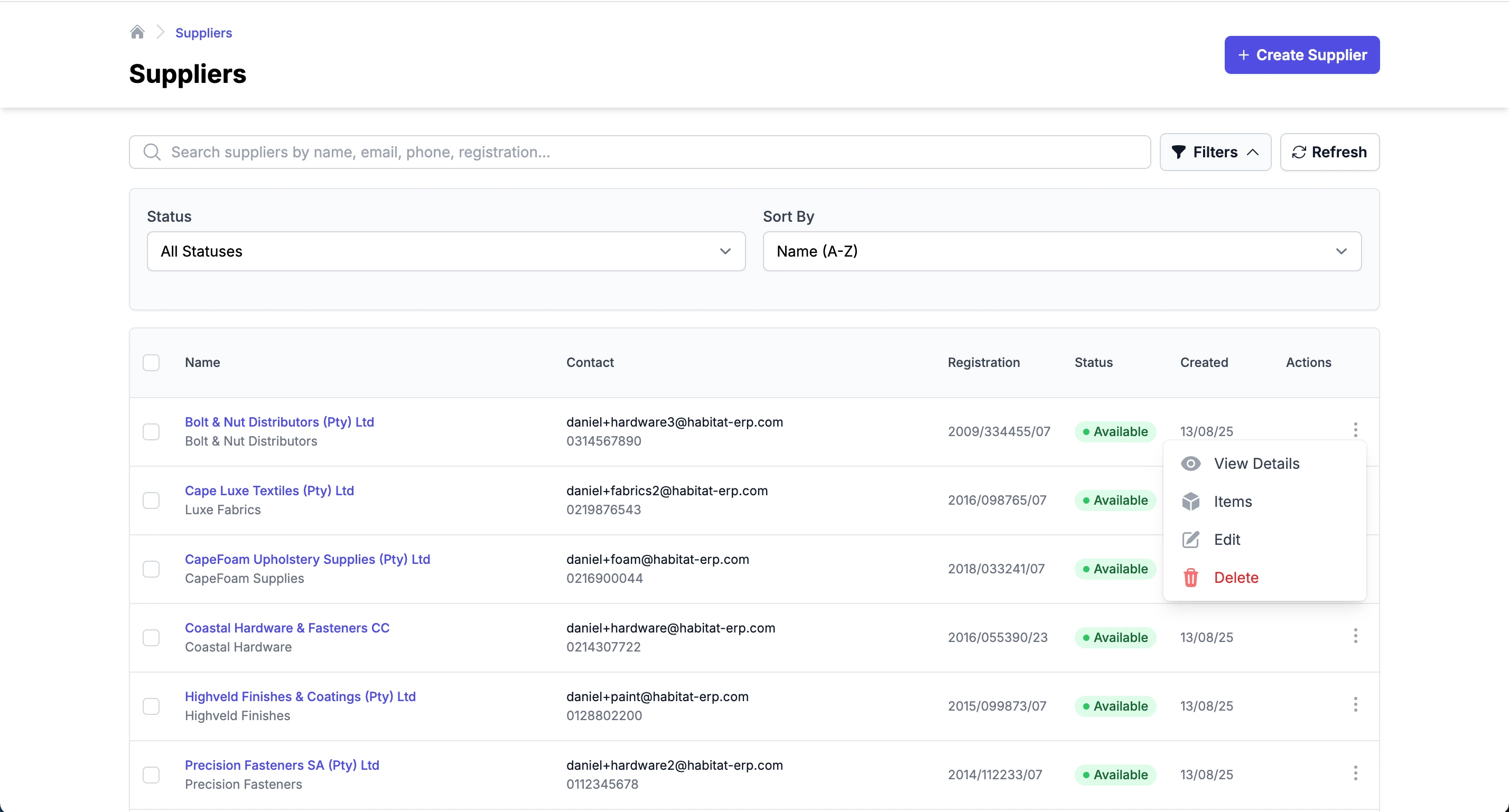 Supplier database with quick actions menu open in Habitat ERP
