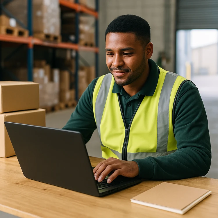 Warehouse worker using laptop for smart goods receiving in ERP system
